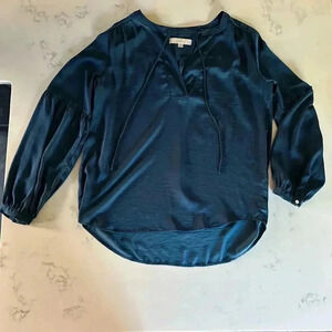 Loft Blue Peasant Top Long Sleeve Tie V Neck Silky Size M